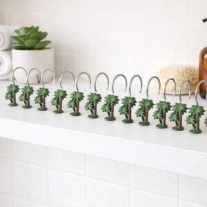 Palm Tree Shower Curtain Hooks Set Of 12 Tropical Bathroom Decor Metal & Resin